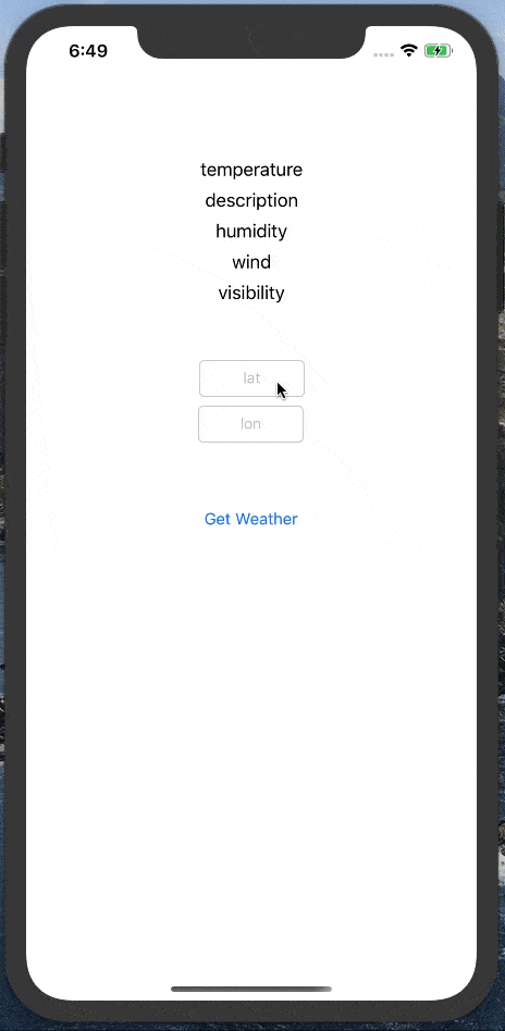 picture of iOS Simulator loading weather in a barebones app.